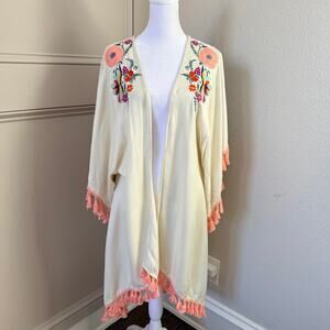 Judith March Womens Size L Boho Festival Long Kimono Embroided Birds Fringe